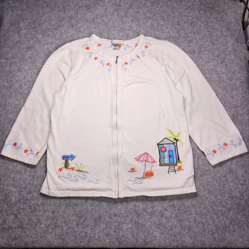 Christopher & Banks Womens White Zip Up Sweater Beach Coastal Kitschy Sz Small